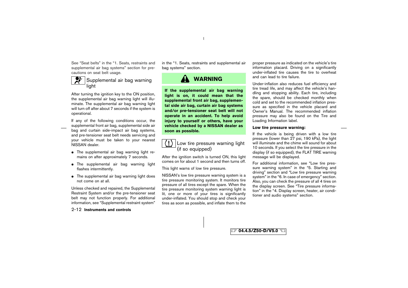 Warning | NISSAN CVT SIC0697 User Manual | Page 71 / 283