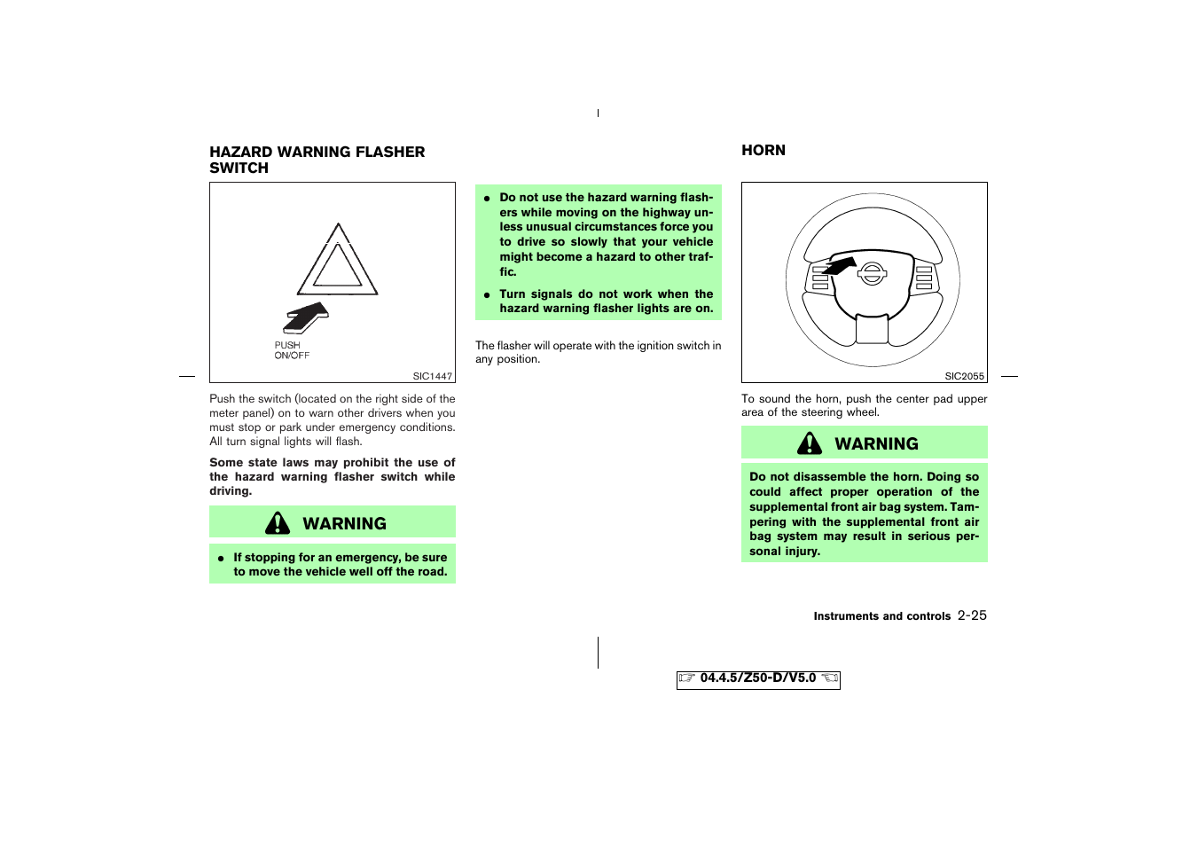 Hazard warning flasher switch -25 horn -25 | NISSAN CVT SIC0697 User Manual | Page 84 / 283