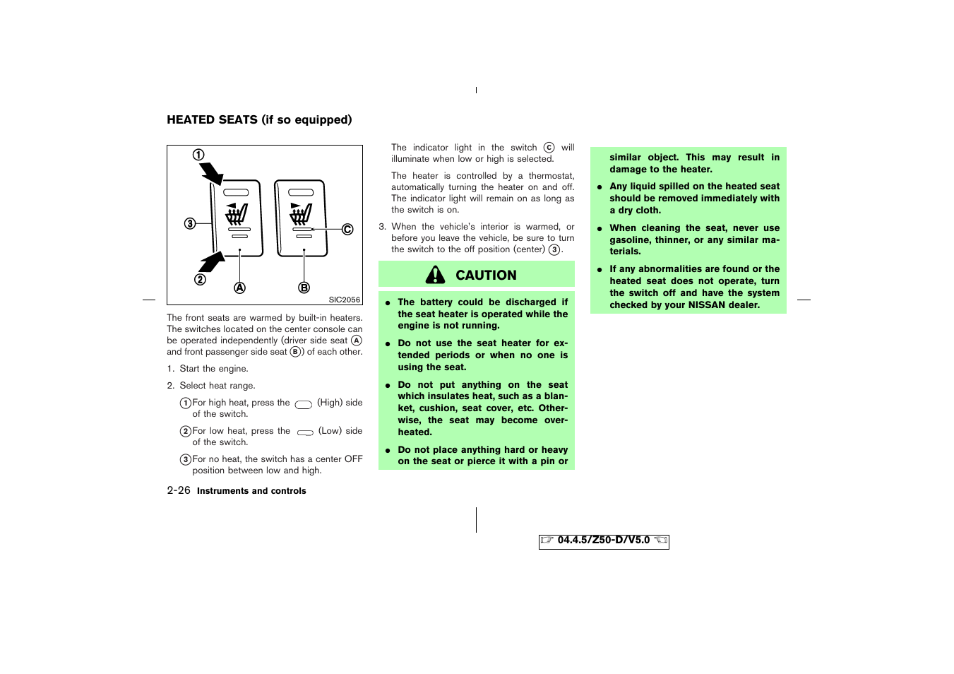 Heated seats (if so equipped) -26, Caution | NISSAN CVT SIC0697 User Manual | Page 85 / 283