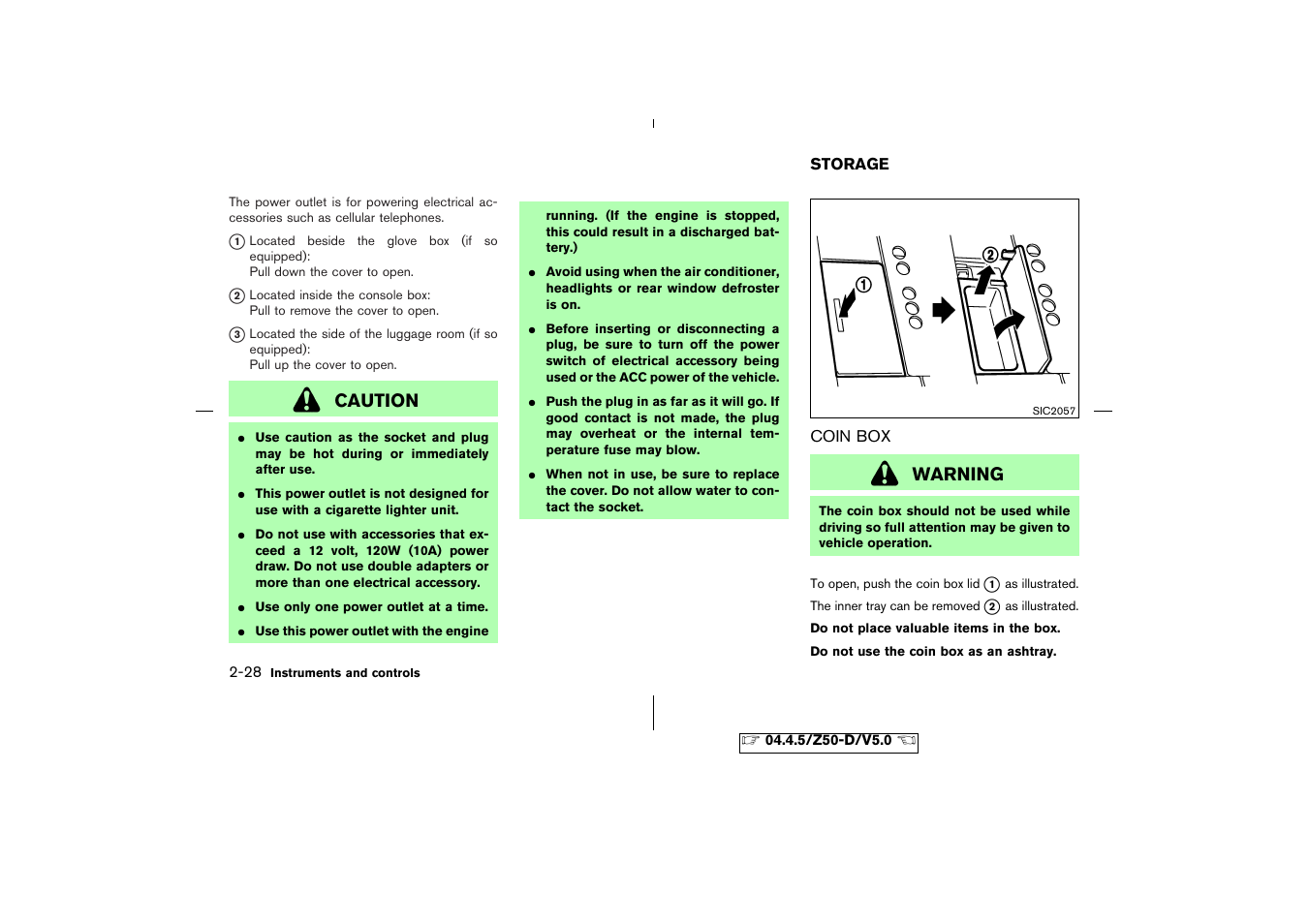 Storage -28, Coin box -28, Caution | Warning | NISSAN CVT SIC0697 User Manual | Page 87 / 283