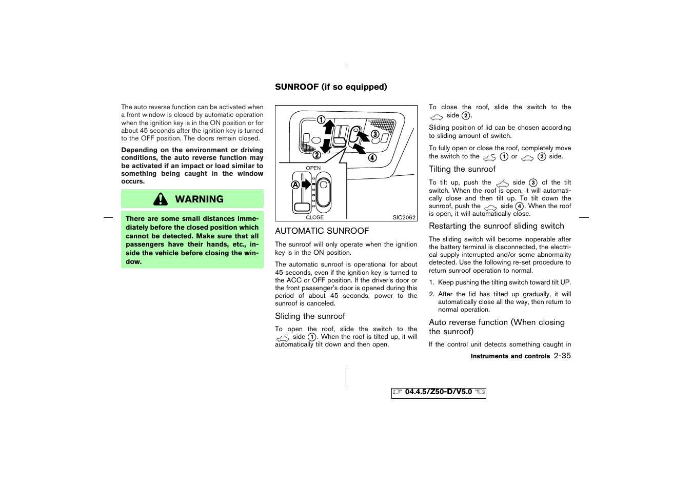 Sunroof (if so equipped) -35, Automatic sunroof -35, Warning | NISSAN CVT SIC0697 User Manual | Page 94 / 283