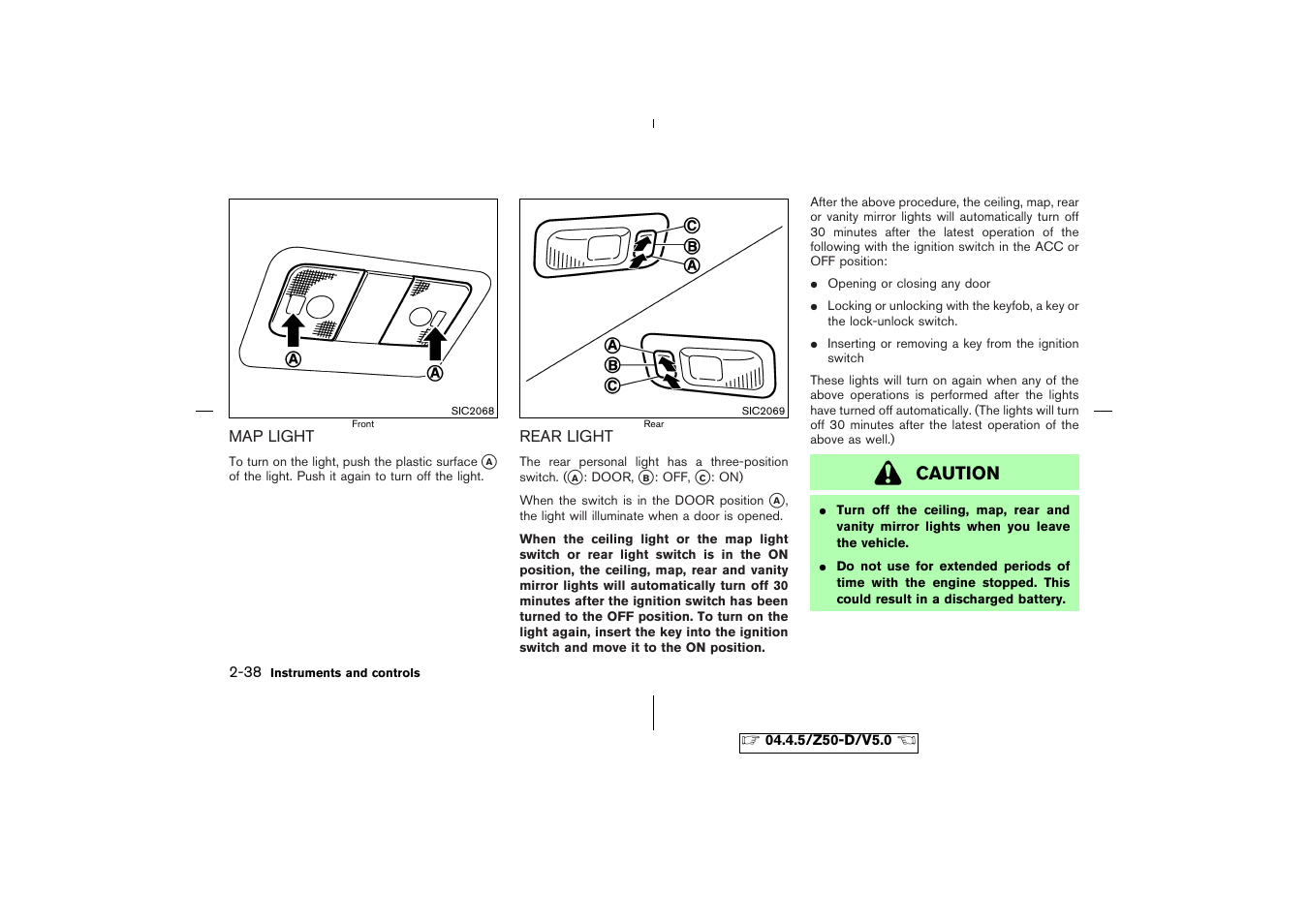 Map light -38 rear light -38, Caution | NISSAN CVT SIC0697 User Manual | Page 97 / 283