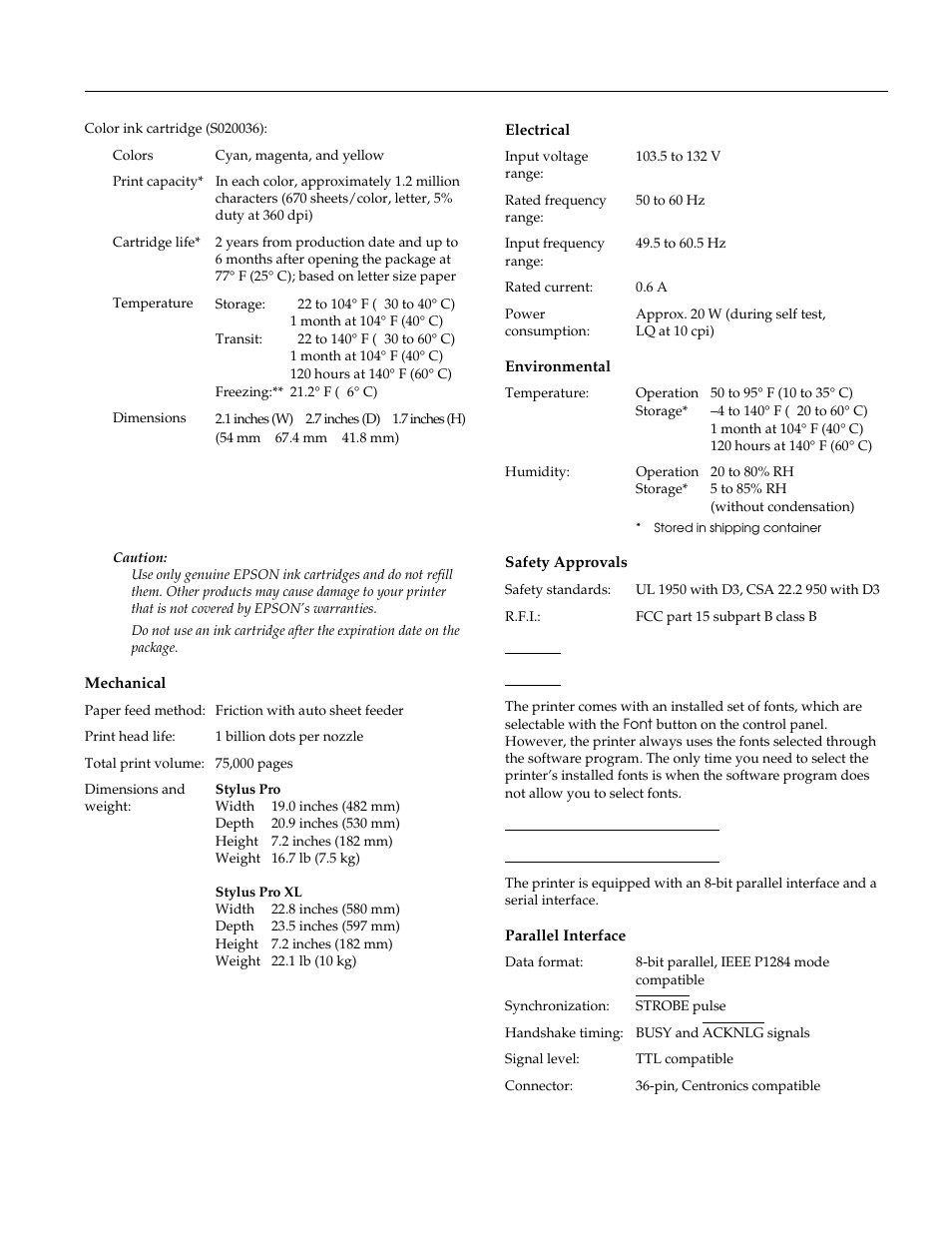 Mechanical, Electrical, Environmental | Safety approvals, Fonts, Interface specifications, Parallel interface, Epson stylus pro and pro xl | NISSAN EPSON Stylus Pro XL-1 User Manual | Page 3 / 14