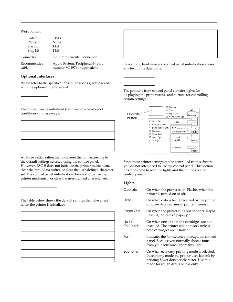 Optional interfaces, Initialization, Default settings | Control panel, Lights, Epson stylus pro and pro xl | NISSAN EPSON Stylus Pro XL-1 User Manual | Page 5 / 14