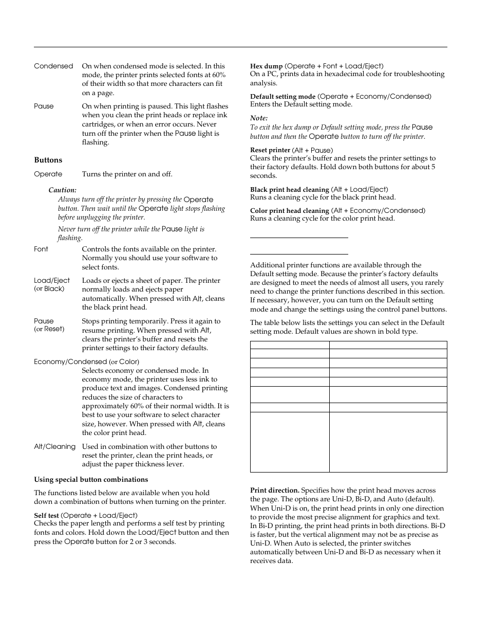 Buttons, Default setting mode, Epson stylus pro and pro xl | NISSAN EPSON Stylus Pro XL-1 User Manual | Page 6 / 14