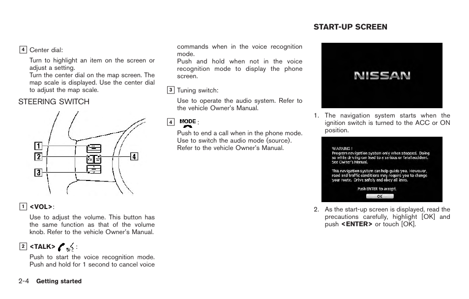 Steering switch -4, Start-up screen -4 | NISSAN 2011 Pathfinder User Manual | Page 12 / 235