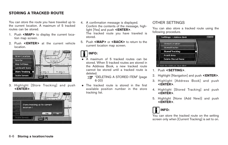 Storing a tracked route -6, Other settings -6 | NISSAN 2011 Pathfinder User Manual | Page 124 / 235