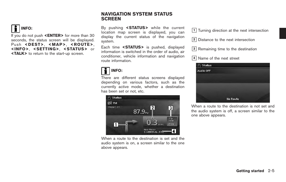 Navigation system status screen -5 | NISSAN 2011 Pathfinder User Manual | Page 13 / 235