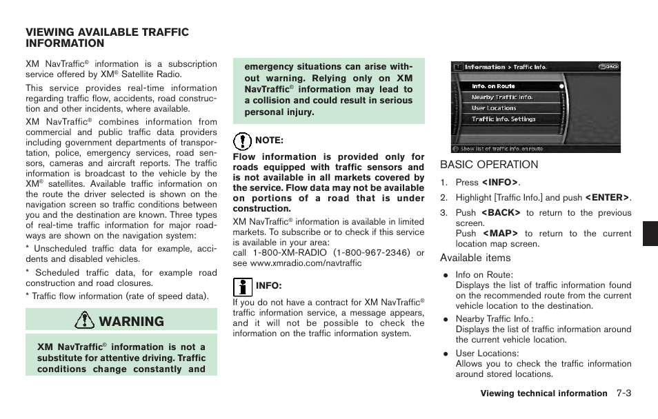 Viewing available traffic information -3, Basic operation -3, Warning | NISSAN 2011 Pathfinder User Manual | Page 145 / 235