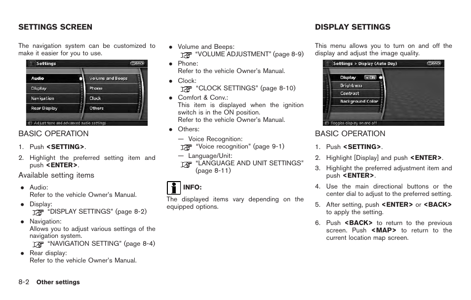 Settings screen -2, Basic operation -2, Display settings -2 | NISSAN 2011 Pathfinder User Manual | Page 154 / 235