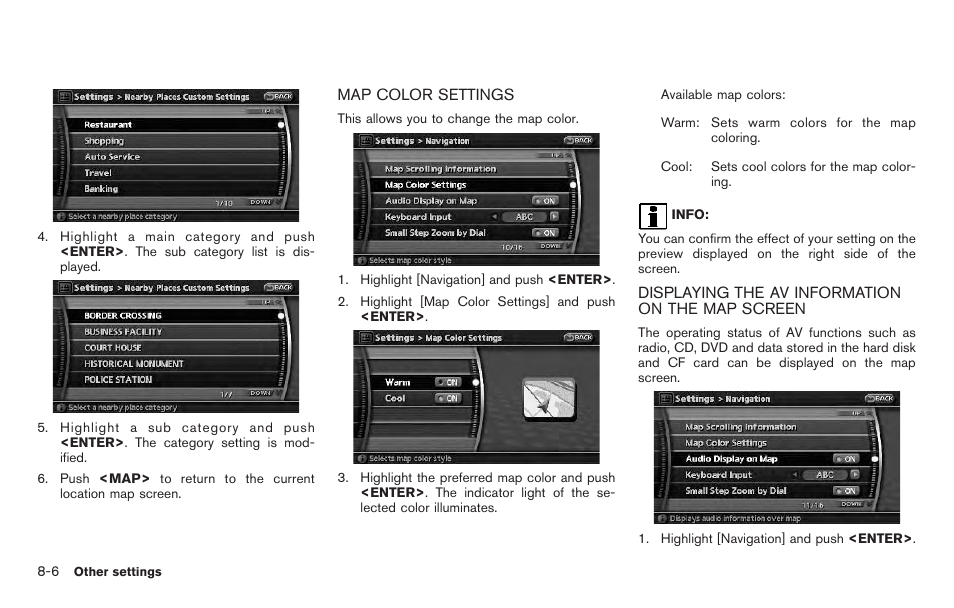 Map color settings -6, Displaying the av information on the map screen -6 | NISSAN 2011 Pathfinder User Manual | Page 158 / 235