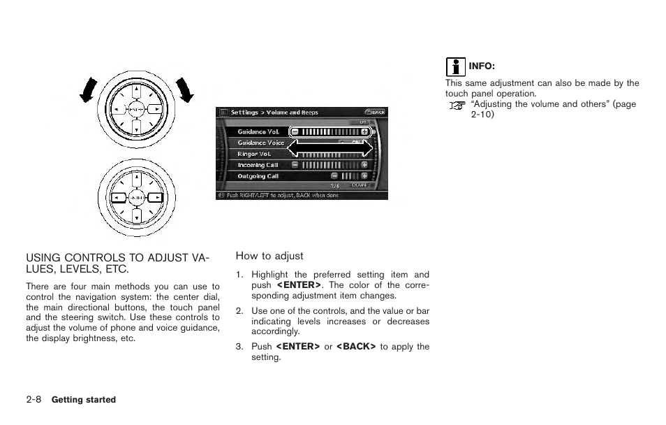 Using controls to adjust values, levels, etc -8 | NISSAN 2011 Pathfinder User Manual | Page 16 / 235