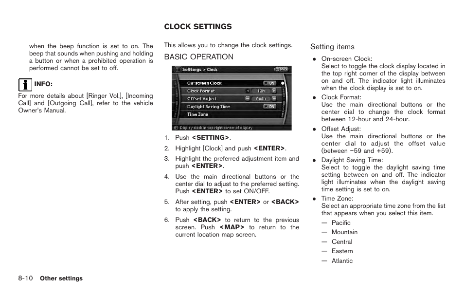 Clock settings -10, Basic operation -10 | NISSAN 2011 Pathfinder User Manual | Page 162 / 235