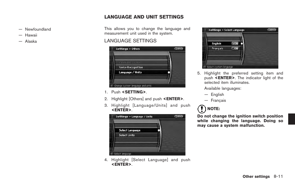 Language and unit settings -11, Language settings -11 | NISSAN 2011 Pathfinder User Manual | Page 163 / 235