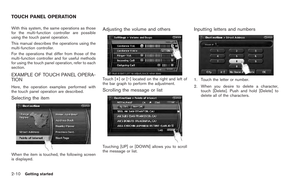 Touch panel operation -10, Example of touch panel operation -10 | NISSAN 2011 Pathfinder User Manual | Page 18 / 235