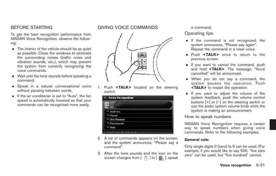 Before starting -21 giving voice commands -21 | NISSAN 2011 Pathfinder User Manual | Page 185 / 235