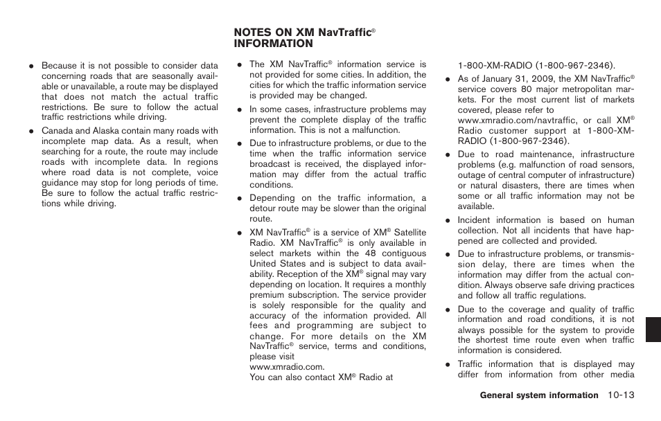 Notes on xm navtraffic, Information -13 | NISSAN 2011 Pathfinder User Manual | Page 207 / 235