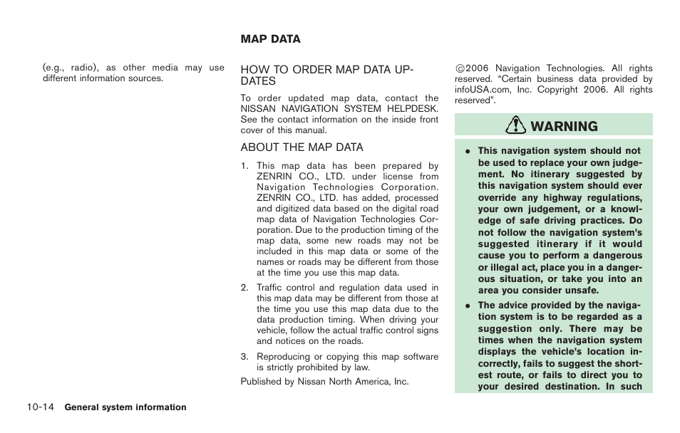 Map data -14, Warning | NISSAN 2011 Pathfinder User Manual | Page 208 / 235