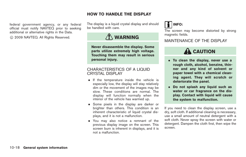 How to handle the display -18, Warning, Caution | NISSAN 2011 Pathfinder User Manual | Page 212 / 235