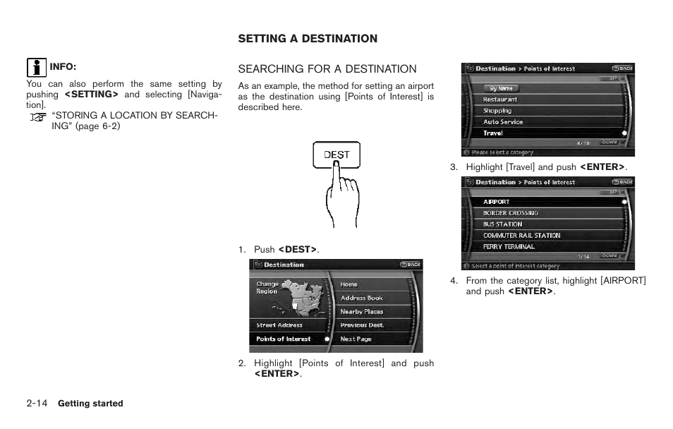 Setting a destination -14, Searching for a destination -14 | NISSAN 2011 Pathfinder User Manual | Page 22 / 235