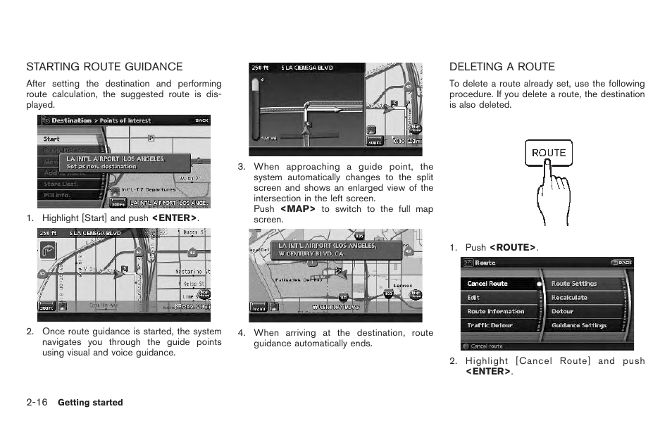 Starting route guidance -16 deleting a route -16 | NISSAN 2011 Pathfinder User Manual | Page 24 / 235