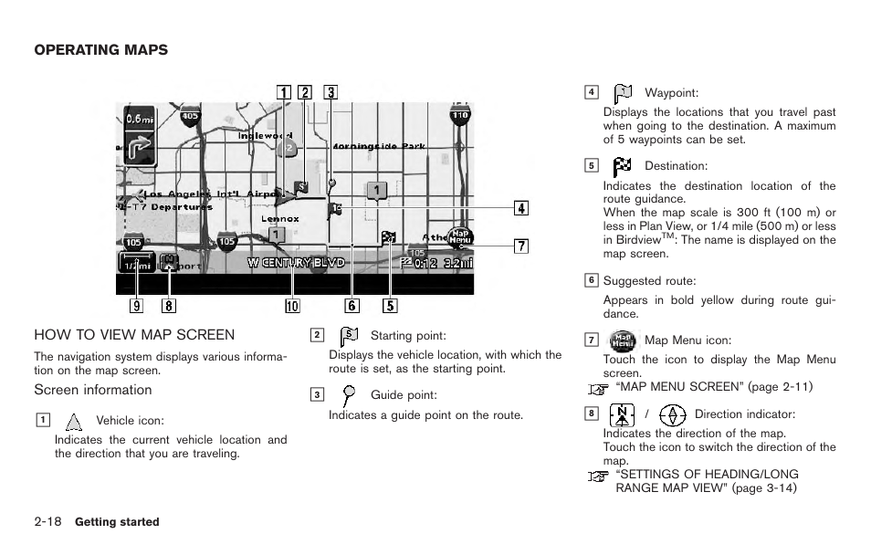 Operating maps -18, How to view map screen -18 | NISSAN 2011 Pathfinder User Manual | Page 26 / 235