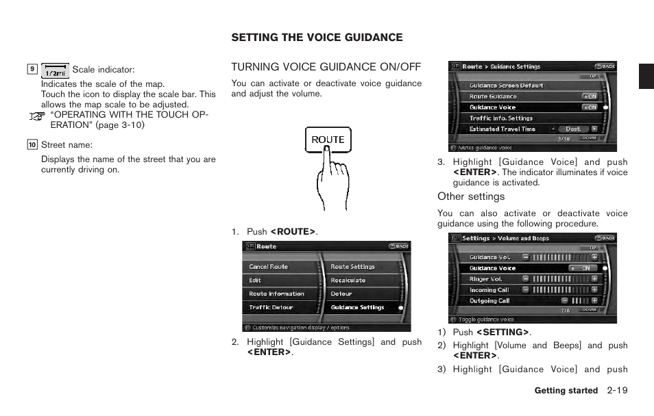 Setting the voice guidance -19, Turning voice guidance on/off -19 | NISSAN 2011 Pathfinder User Manual | Page 27 / 235