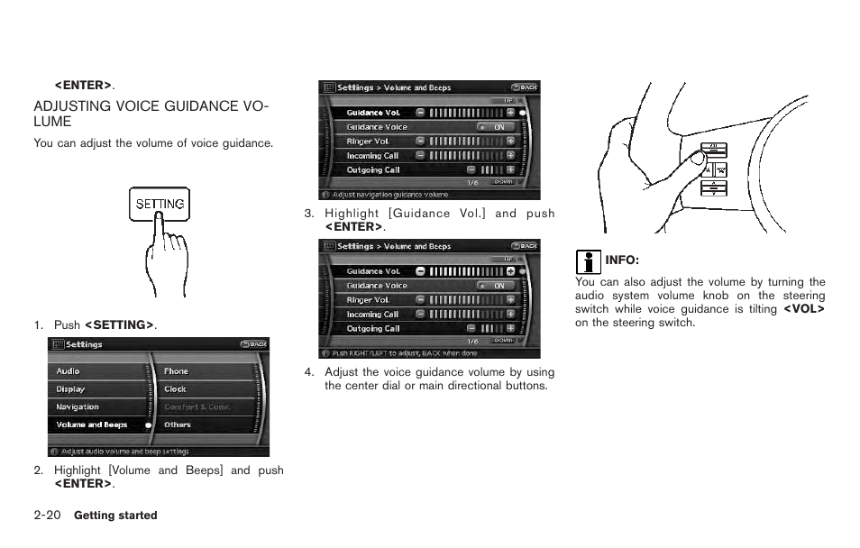 Adjusting voice guidance volume -20 | NISSAN 2011 Pathfinder User Manual | Page 28 / 235