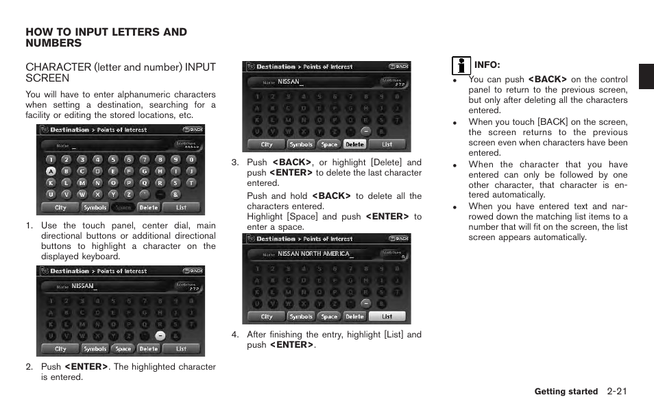 How to input letters and numbers -21, Character (letter and number) input screen -21 | NISSAN 2011 Pathfinder User Manual | Page 29 / 235