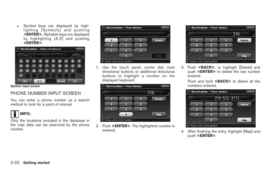 Phone number input screen -22 | NISSAN 2011 Pathfinder User Manual | Page 30 / 235