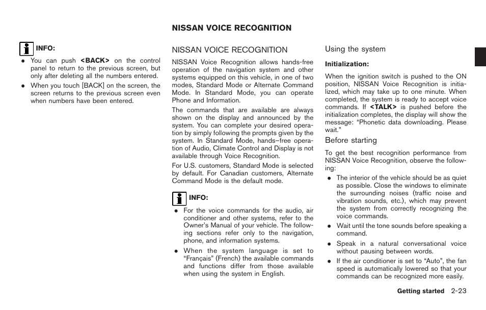 Nissan voice recognition -23 | NISSAN 2011 Pathfinder User Manual | Page 31 / 235