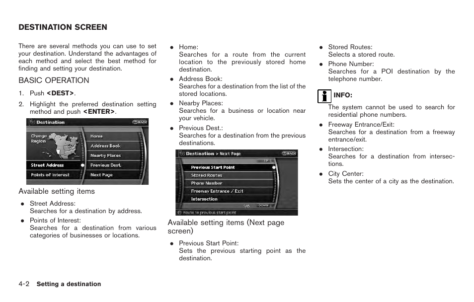 Destination screen -2, Basic operation -2 | NISSAN 2011 Pathfinder User Manual | Page 66 / 235