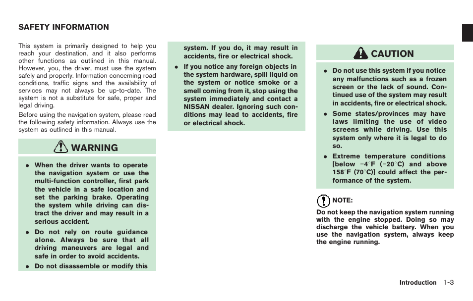 Safety information -3, Warning, Caution | NISSAN 2011 Pathfinder User Manual | Page 7 / 235
