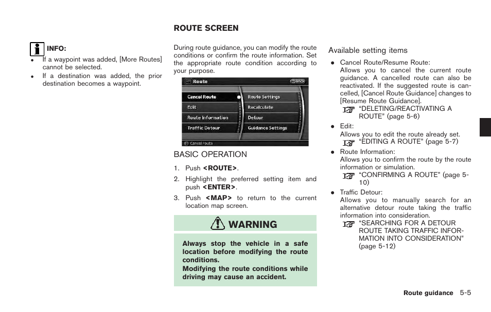 Route screen -5, Basic operation -5, Warning | NISSAN 2011 Pathfinder User Manual | Page 97 / 235