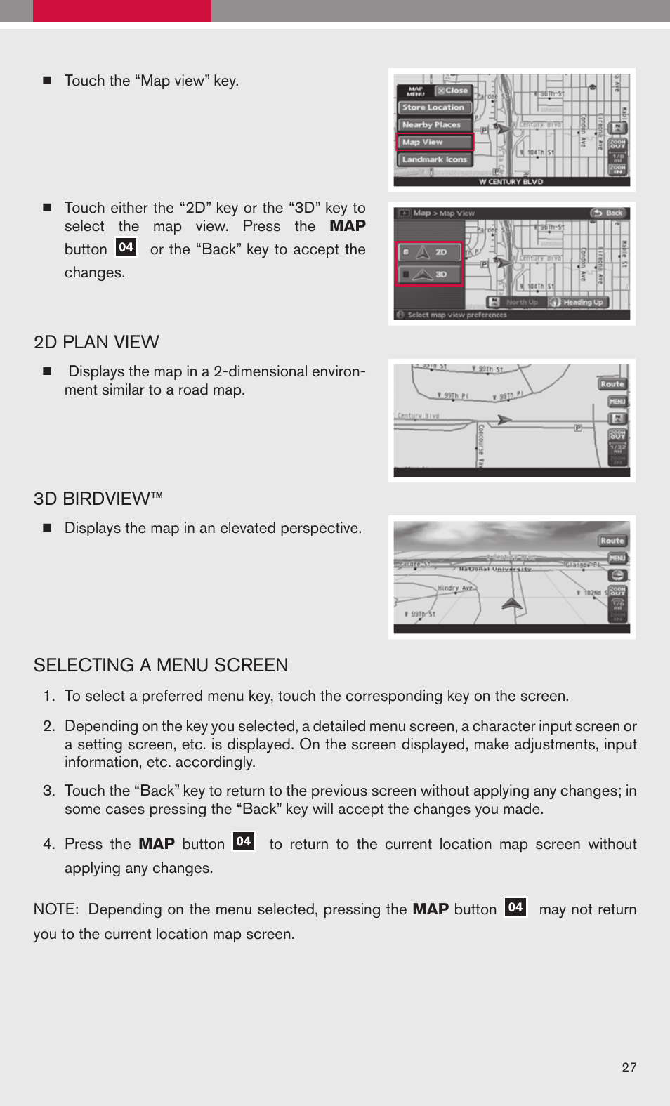 2d plan view, 3d birdview, Selecting a menu screen | NISSAN 2009 Altima Sedan User Manual | Page 29 / 36