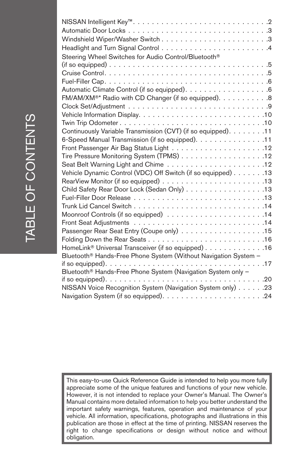 NISSAN 2009 Altima Sedan User Manual | Page 3 / 36