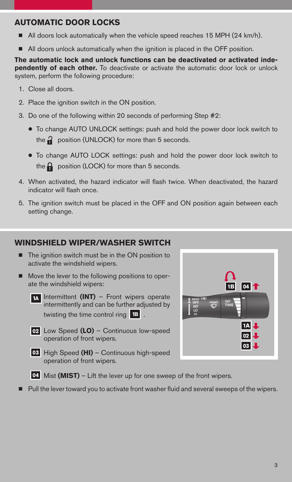 Automatic door locks, Windshield wiper/washer switch | NISSAN 2009 Altima Sedan User Manual | Page 5 / 36