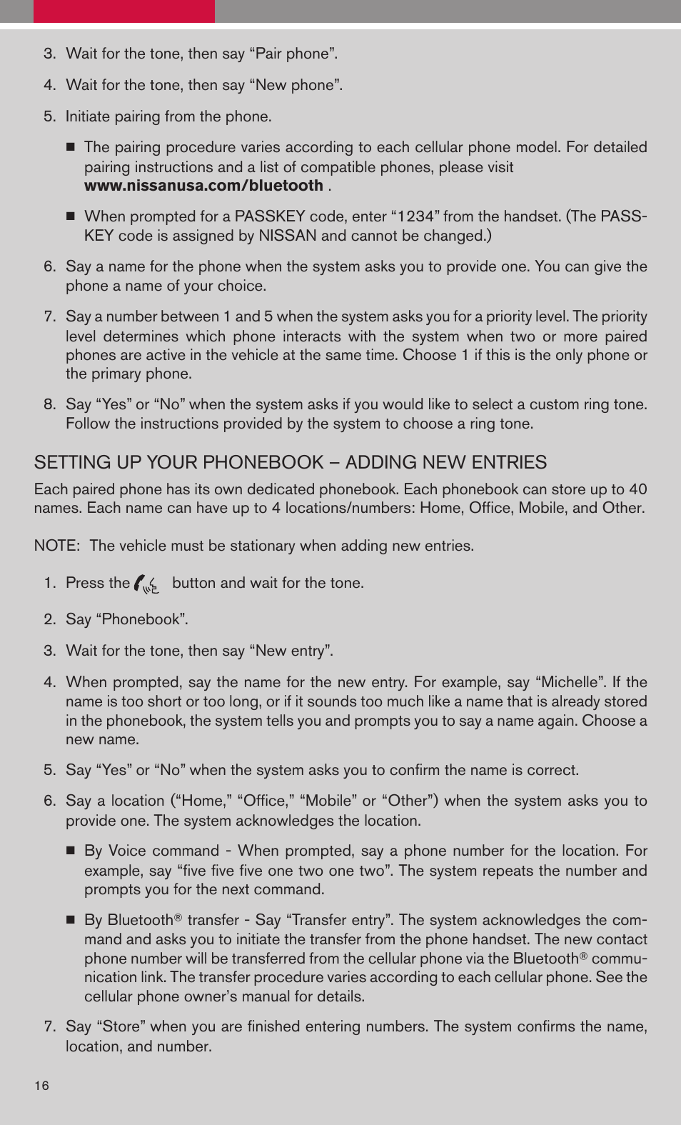 Setting up your phonebook – adding new entries | NISSAN VERSA 2009 User Manual | Page 18 / 20