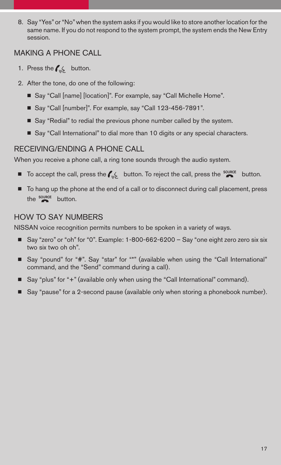 Making a phone call, Receiving/ending a phone call, How to say numbers | NISSAN VERSA 2009 User Manual | Page 19 / 20