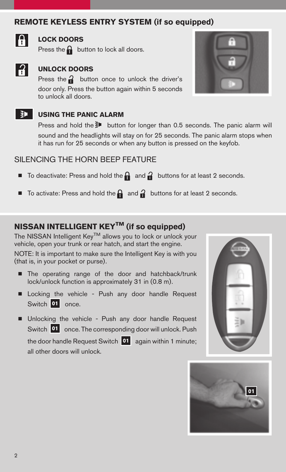 Remote keyless entry system (if so equipped), Silencing the horn beep feature, Nissan intelligent key | If so equipped) | NISSAN VERSA 2009 User Manual | Page 4 / 20