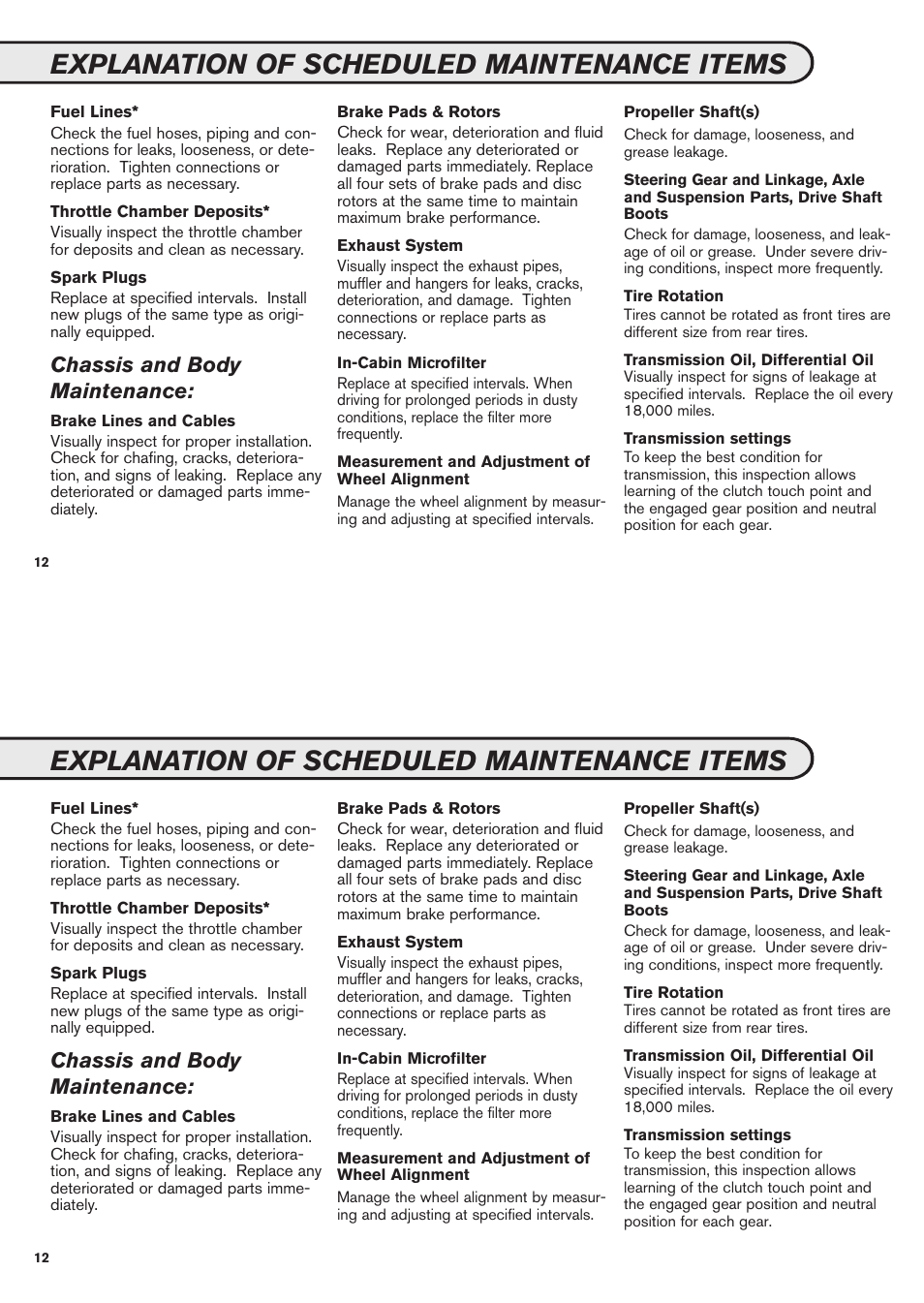 Explanation of scheduled maintenance items, Chassis and body maintenance | NISSAN 2011 GT-R User Manual | Page 14 / 56