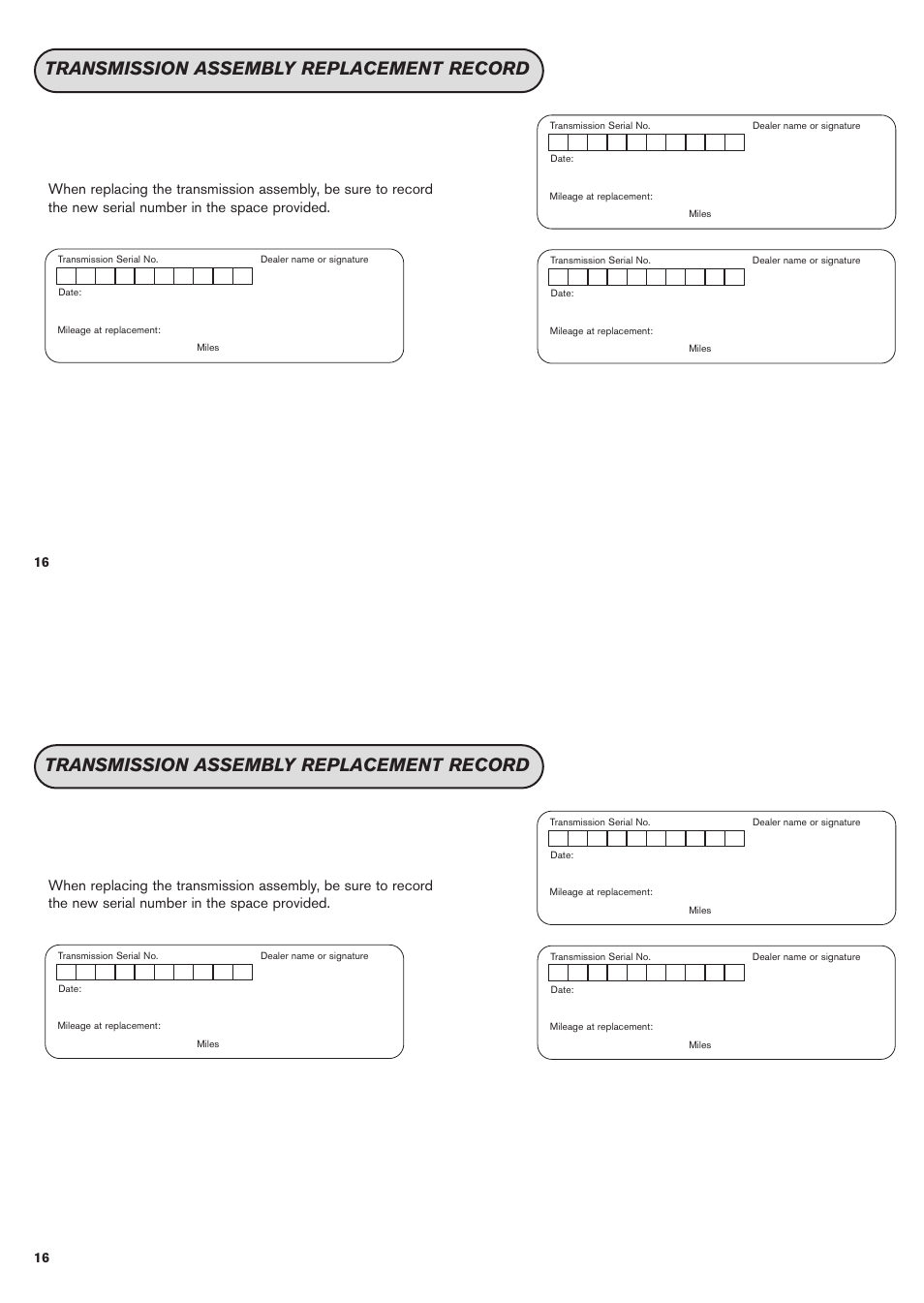 Transmission assembly replacement record, Transmission replacement log | NISSAN 2011 GT-R User Manual | Page 18 / 56