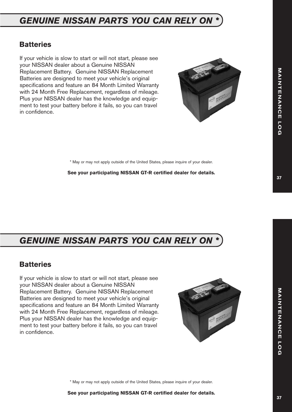 Genuine nissan parts you can rely on, Batteries | NISSAN 2011 GT-R User Manual | Page 39 / 56
