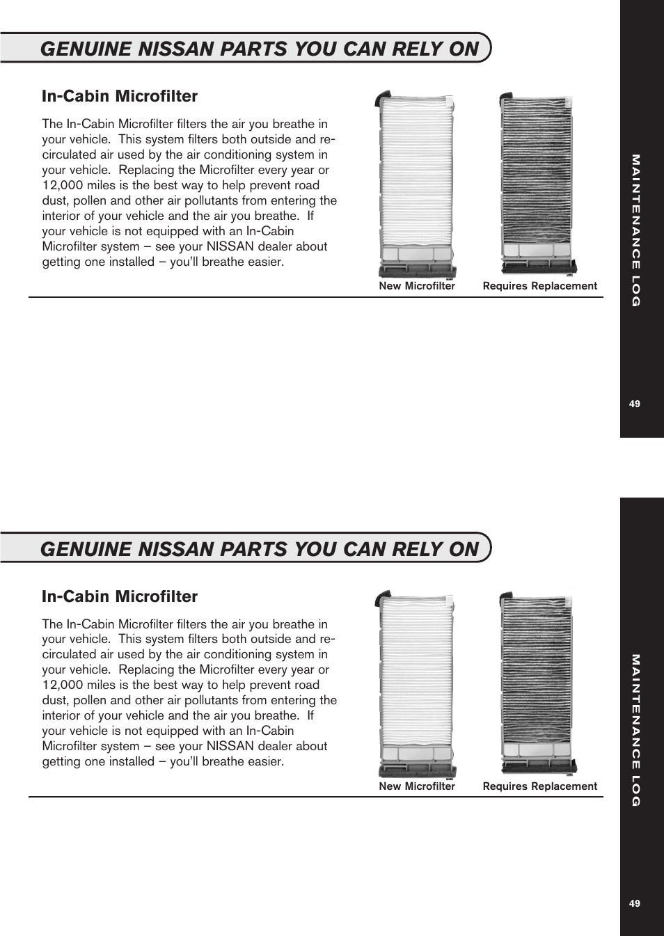 Genuine nissan parts you can rely on, In-cabin microfilter | NISSAN 2011 GT-R User Manual | Page 51 / 56