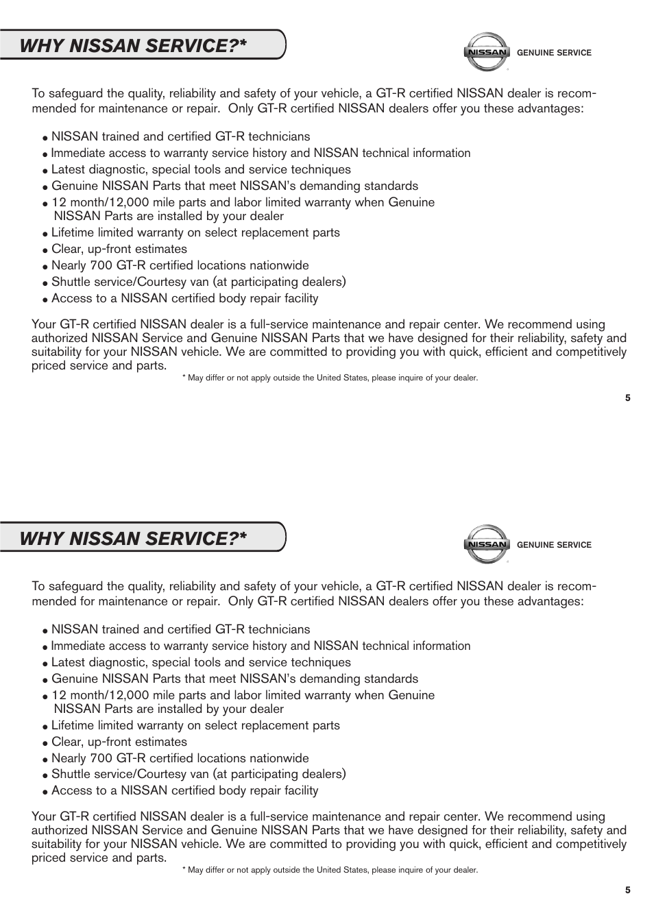 Why nissan service, Nissan trained and certified gt-r technicians, Clear, up-front estimates | Nearly 700 gt-r certified locations nationwide | NISSAN 2011 GT-R User Manual | Page 7 / 56
