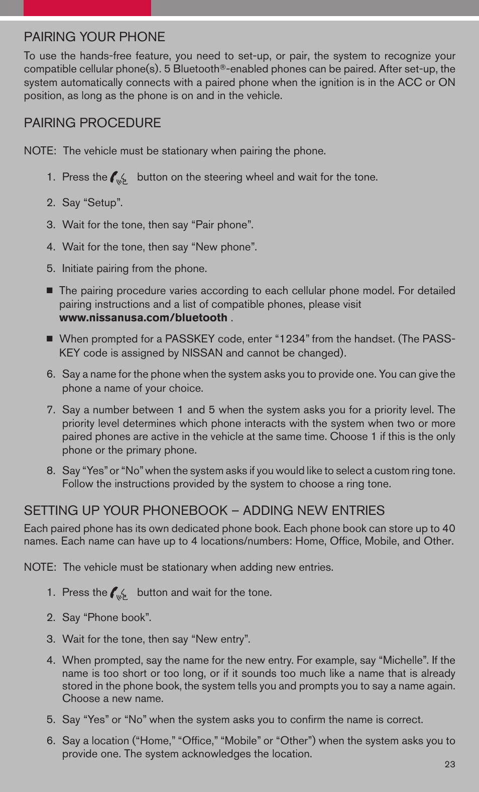 Pairing your phone, Pairing procedure, Setting up your phonebook – adding new entries | NISSAN 2009 Armada User Manual | Page 25 / 44