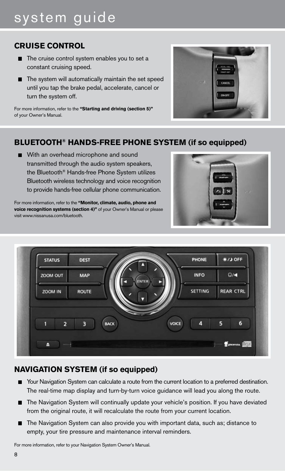 System guide, Bluetooth, Hands-free phone system (if so equipped) | Navigation system (if so equipped), Cruise control | NISSAN 2011 Armada User Manual | Page 10 / 12