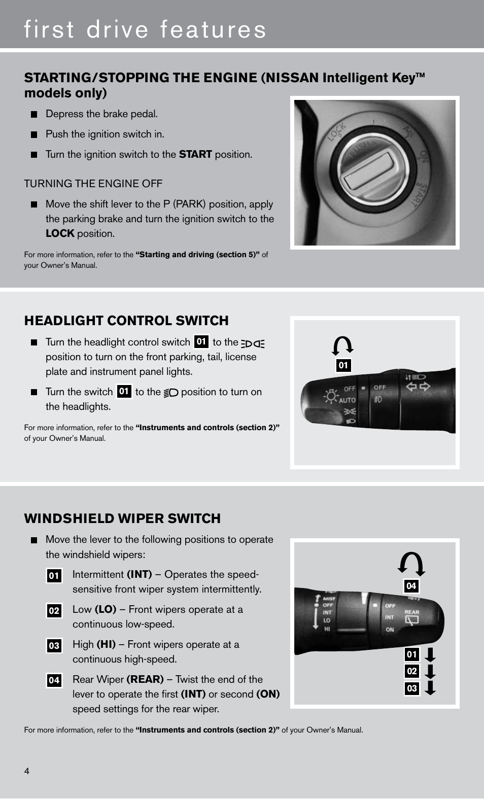 First drive features, Headlight control switch, Windshield wiper switch | NISSAN 2011 Armada User Manual | Page 6 / 12
