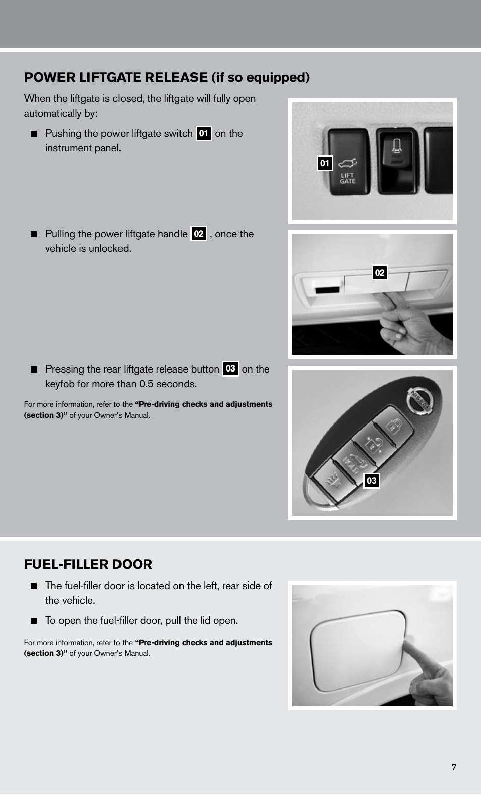Fuel-filler door, Power liftgate release (if so equipped) | NISSAN 2011 Armada User Manual | Page 9 / 12