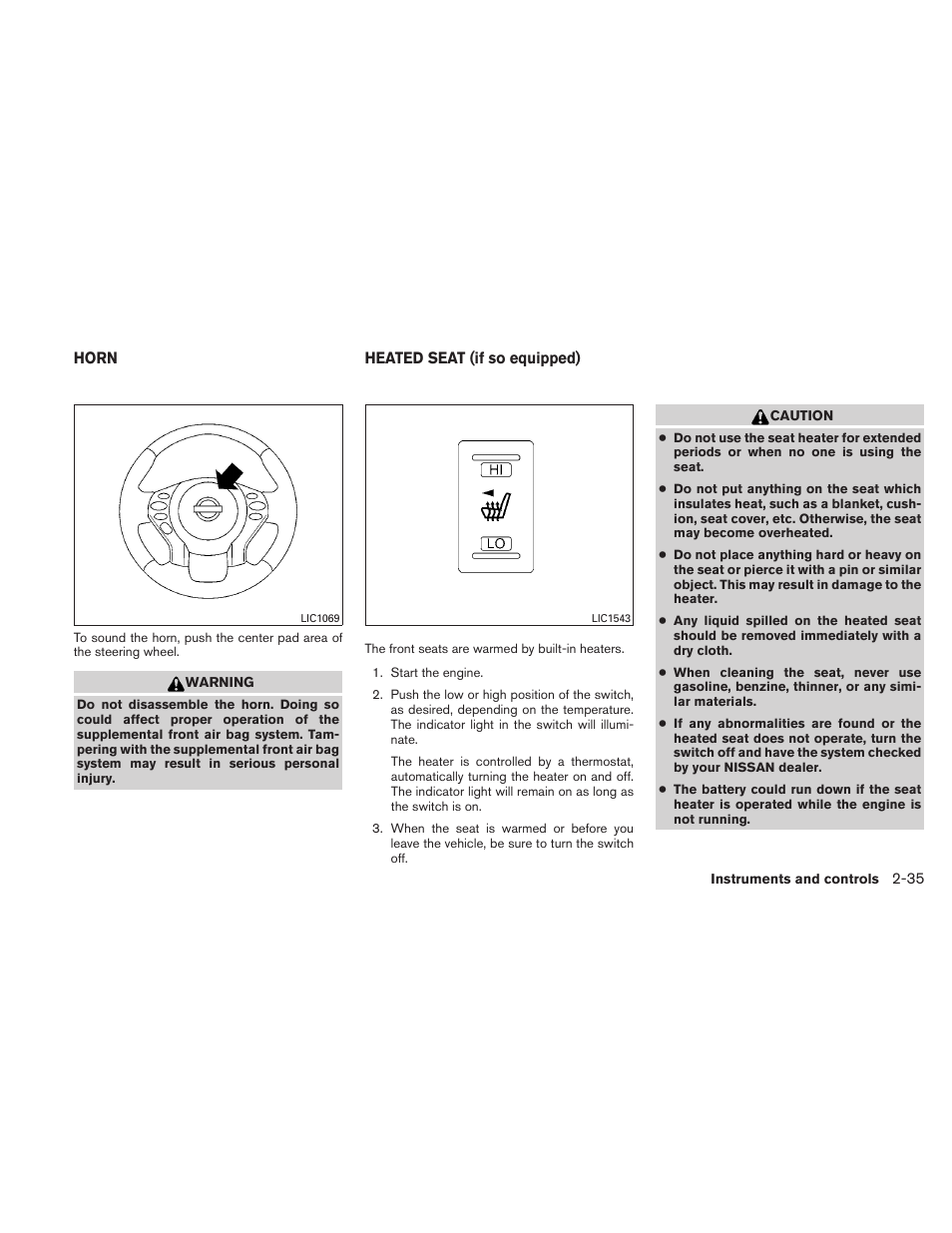 Horn -35 heated seat (if so equipped) -35 | NISSAN 2011 Altima Coupe User Manual | Page 114 / 446